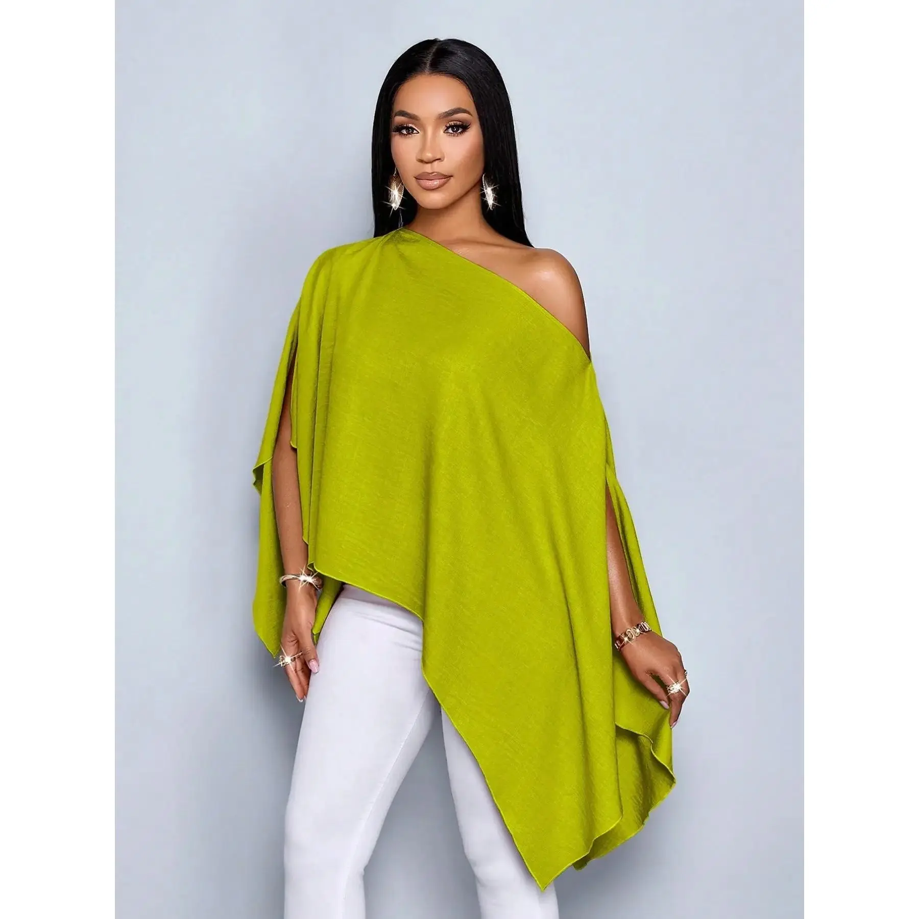 Women's Asymmetric Hem Breathable Linen Shirt, Single Shoulder Cape Sleeve Design, Casual Fashion Top for Daily Wear, Loose Fit, Comfortable and Stylish, Blouse, Womenswear, Asymmetric Hem Tops