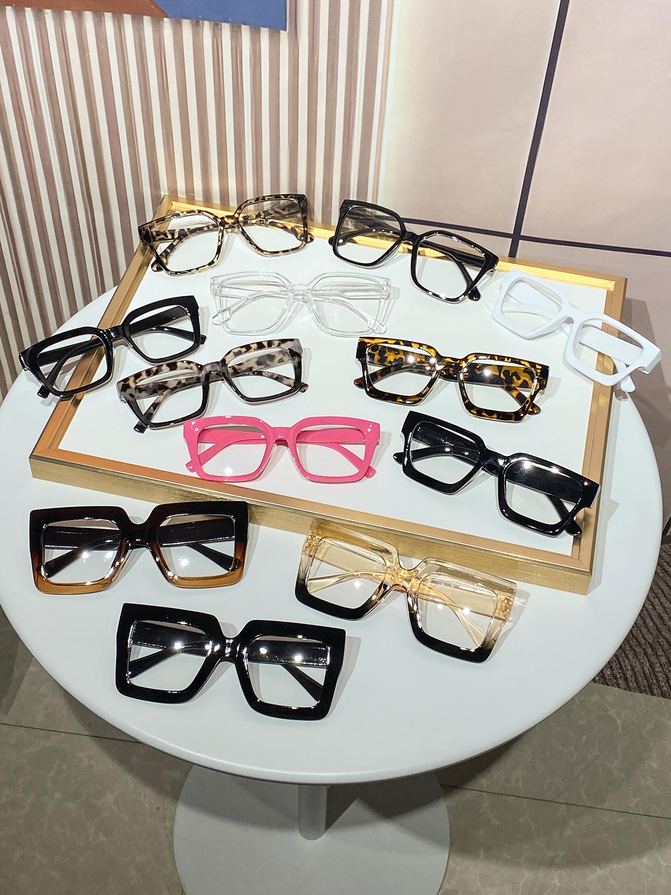 12pcs Women's Plastic Square Frame Mirror Set, Multiple Colors & Styles, Simple Fashion Casual Flat Mirror, Leopard Print Frame, Fashionable Frames Glasses