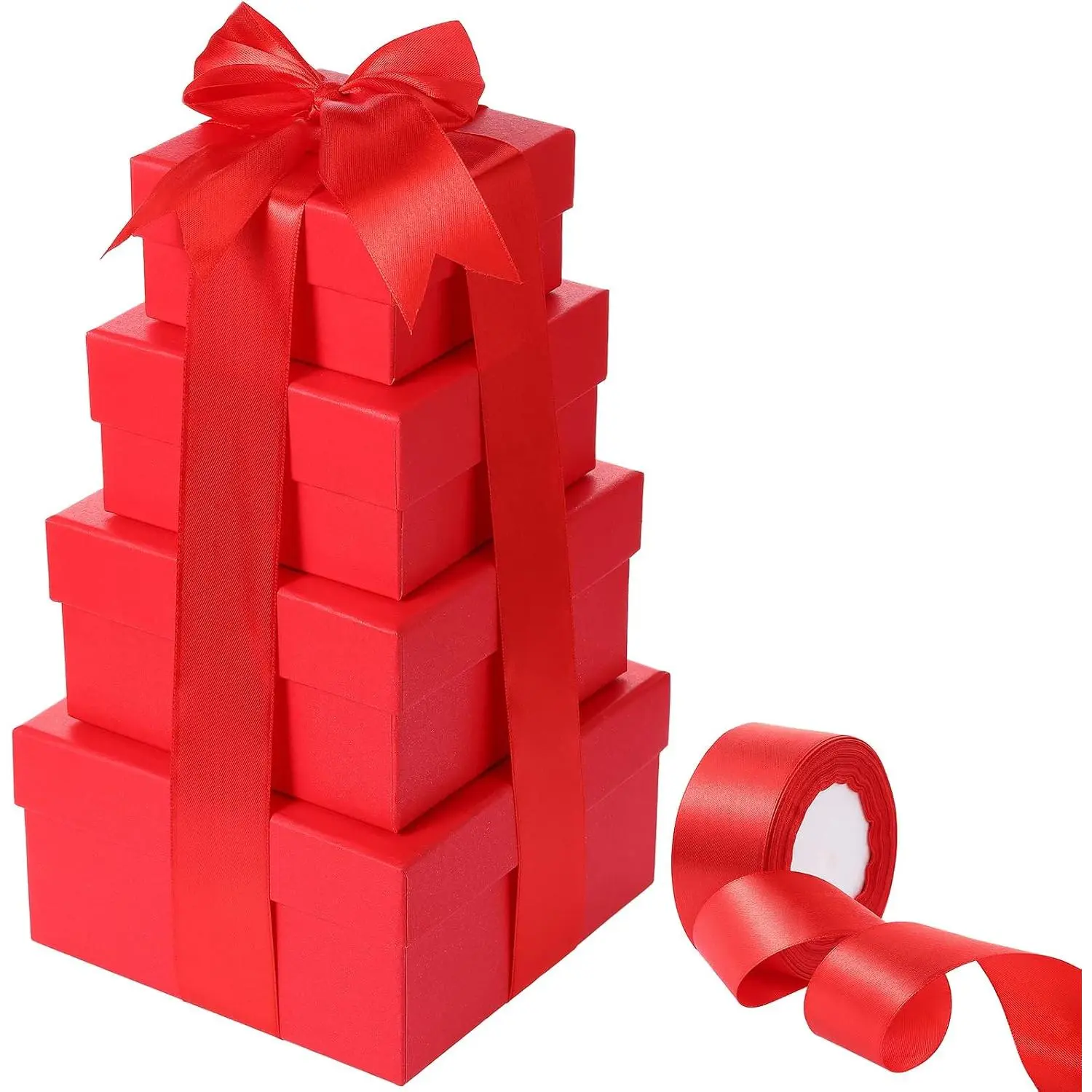 4 count Nesting  Boxes with , Square Stacking,  Sizes Decorative Boxes with Ribbon for Presents for Birthdays Christmas Mother's Day DIY(Simple,Red)