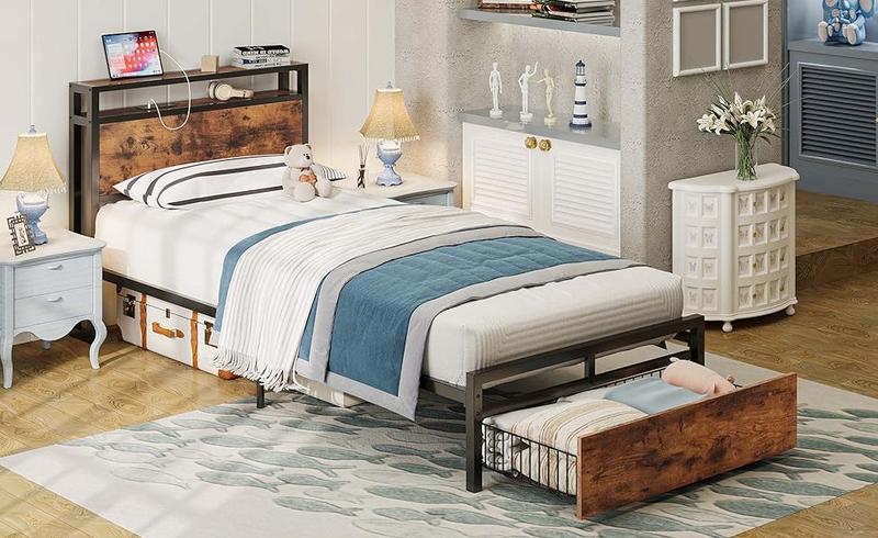 LIKIMIO Twin/Twin XL Bed Frames with Drawer, Storage Headboard with Outlets, No Box Spring Needed, Easy Assembly