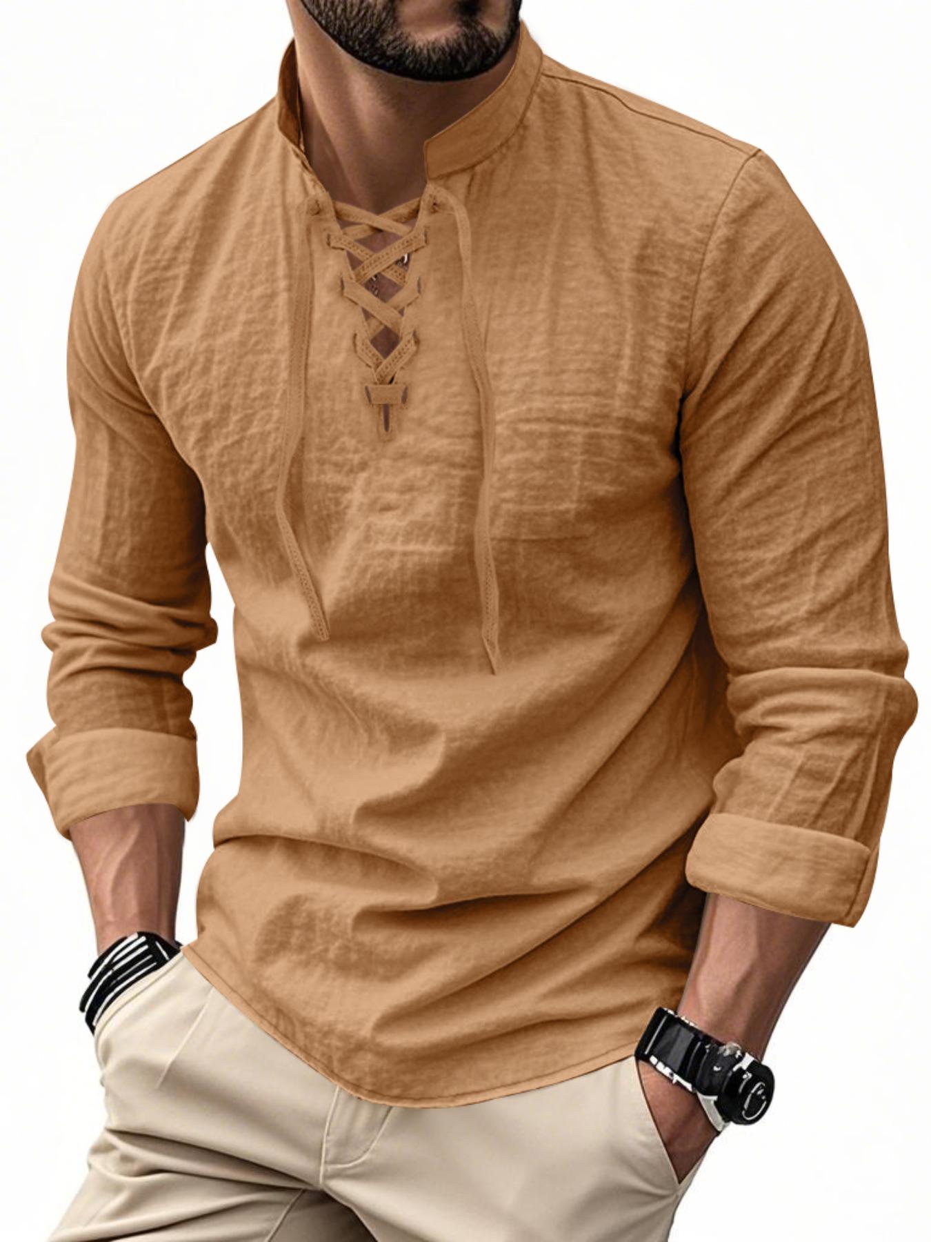 Men's Lightweight Breathable Linen Shirt, Drawstring Collar, Unique Design, Casual Plain Long Sleeve Polo, Perfect for Daily Commute Spring Fall Men's Clothing Men's Lightweight Breathable Linen Shirt, Drawstring Collar, Unique Design, Casual Plain Long Sleeve Polo, Perfect for Daily Commute Spring Fall Men's Clothing