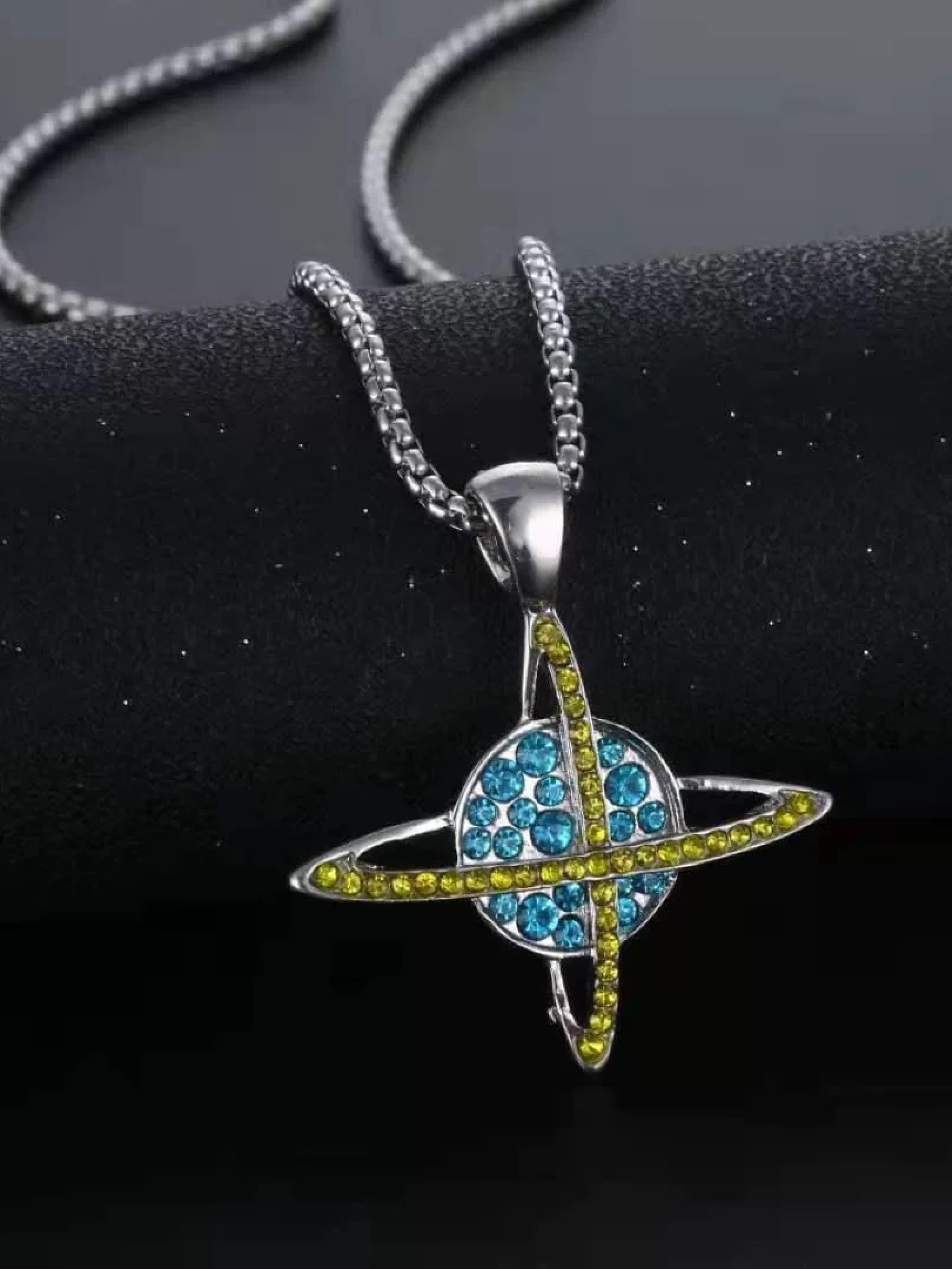 Trendy Hip Hop Universe Planet Pendant Necklace, Jewel Necklace, Unisex Zirconia Decorated Chain, Fashion Accessory for Any Occasion, Perfect Gift