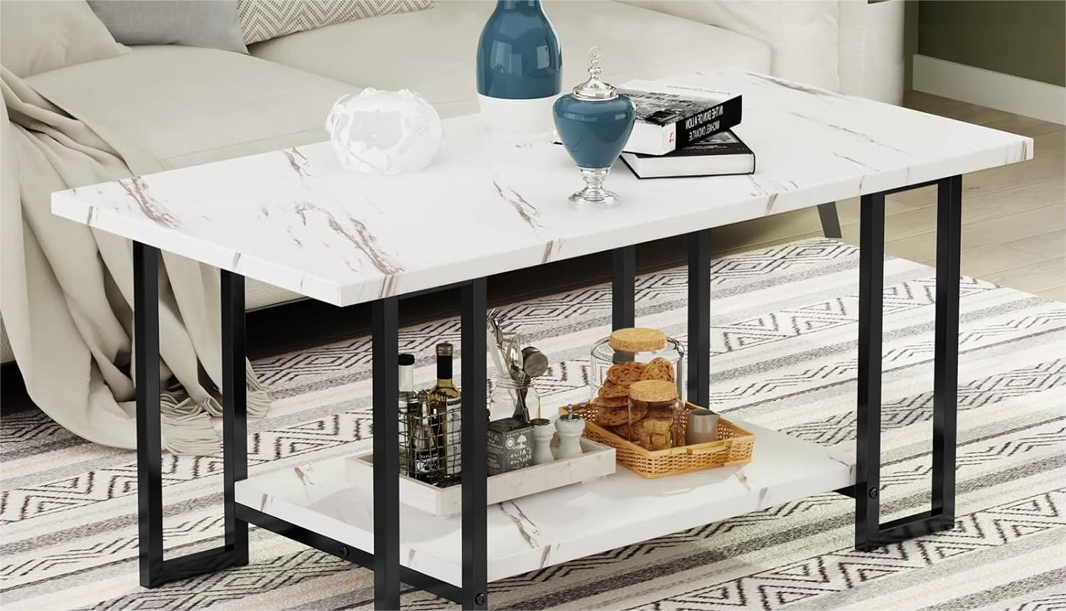 AWQM Marble Coffee Table, Faux Marble Top Rectangular Coffee Table with Black Metal Frame, 2 Tier Living Room Table for Living Room, Office, Balcony, 40 Inch AWQM Marble Coffee Table, Faux Marble Top Rectangular Coffee Table with Black Metal Frame, 2 Tier Living Room Table for Living Room, Office, Balcony, 40 Inch