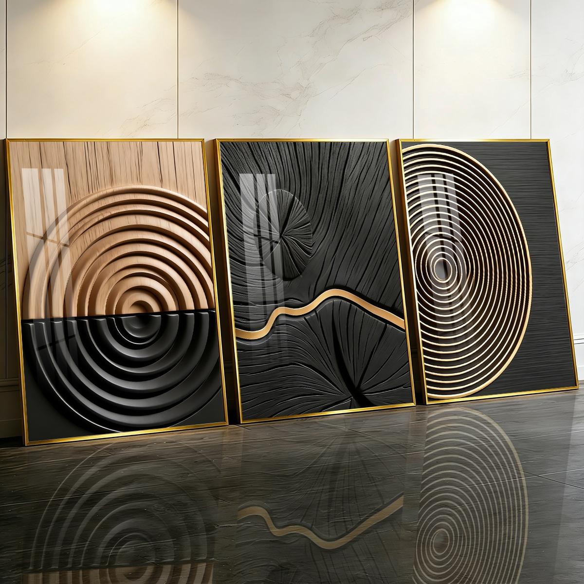 3 Counts Aluminum Alloy Framed Painting, Abstract Geometric Lines And Circles Art, Home Decoration For Living Room, Bedroom, Office, Restaurant, Hallway Wall Decor, Odorless Print Artwork, Luxury Perfect Gift For Friends And Family