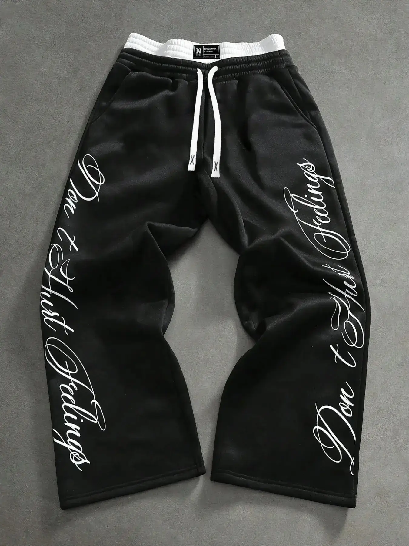 Men's Trendy Side Letter Print Micro Flare Casual Style Sweatpants, Colorblock Elastic Waist Loose Wide Leg Pants, Comfort Stretch Fleece Streetwear
