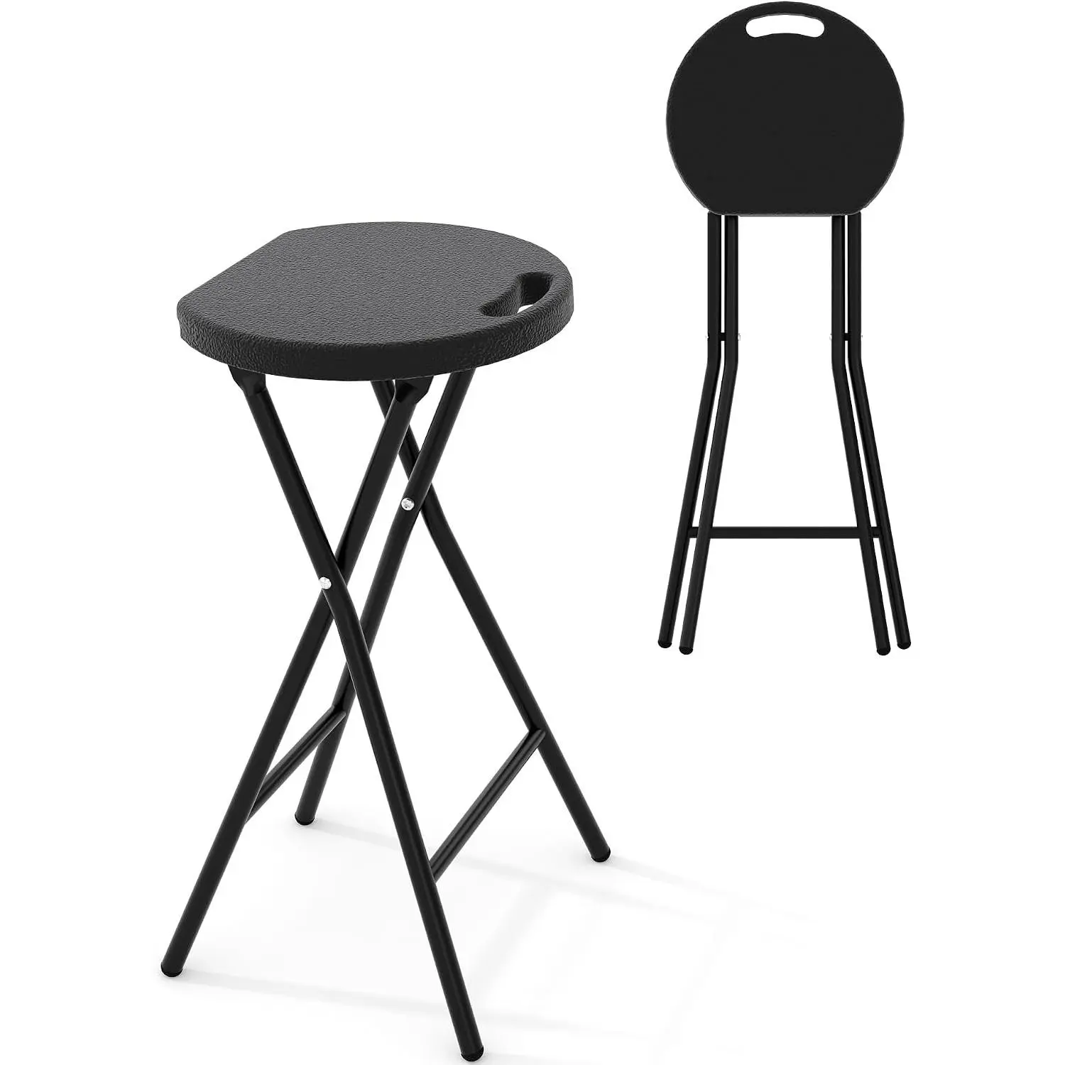 Folding Stool with Handle, 24 Inch Tall, 400lbs Capacity, Folding Bar Stool with Safety Lock, Metal and Plastic Foldable Stool, for Outdoor Indoor Kitchen Home Bar, Assembly Free, Black/White