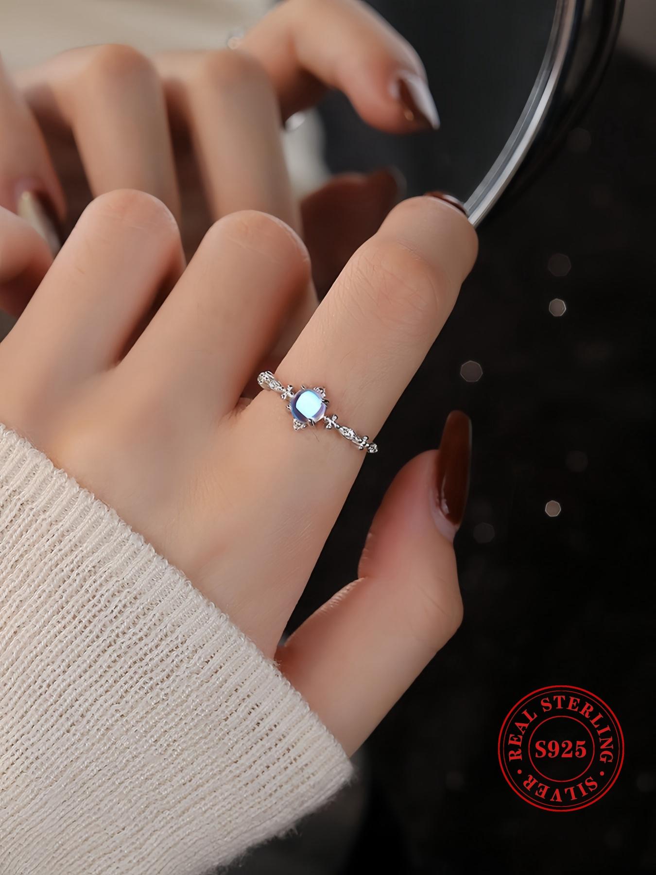 925 Sterling Silver Fashion Blue Moonstone Decorated Cuff Ring, Statement Ring, Vintage Adjustable Ring for Women, Casual Jewelry for Party, Daily Decor, Trendy for Gift