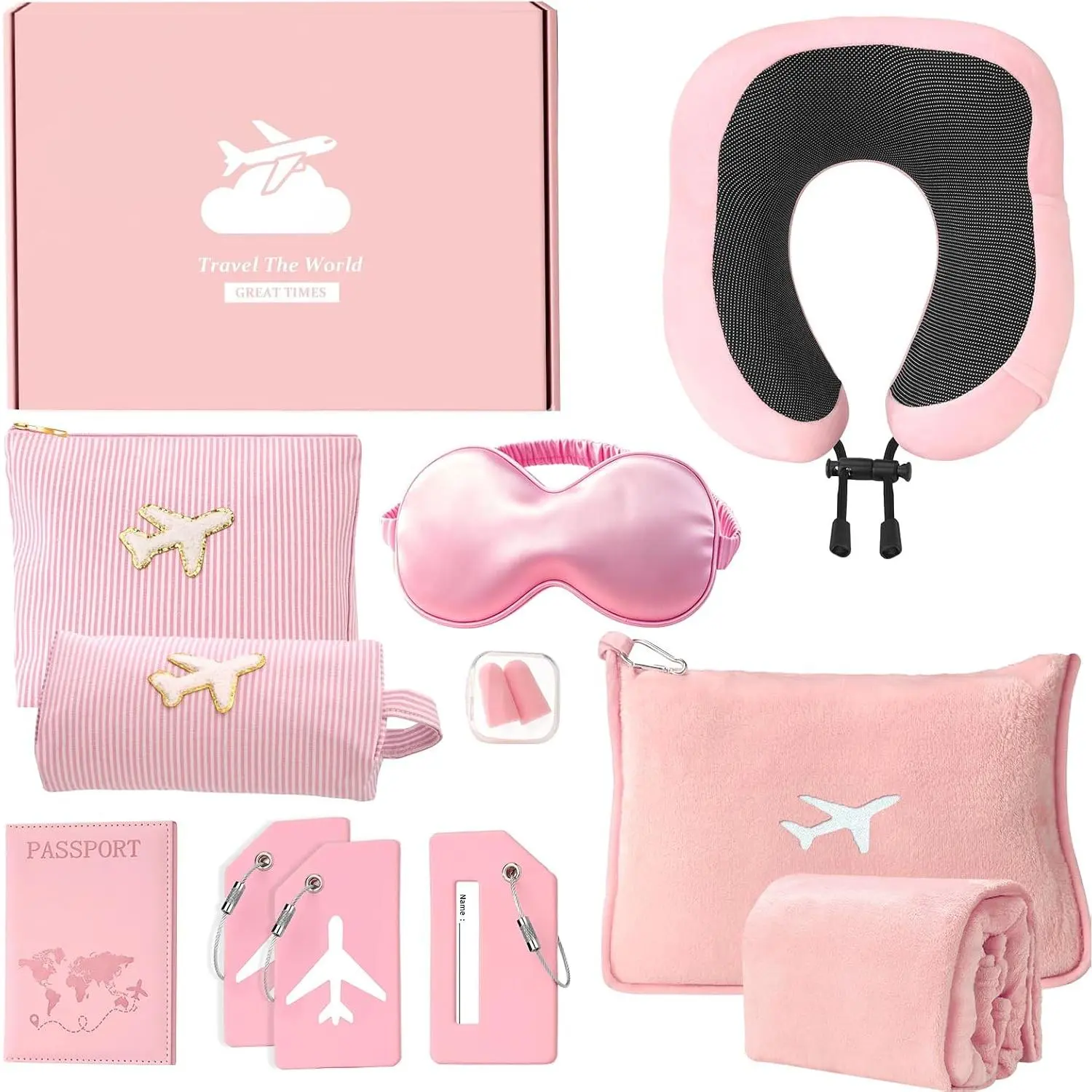 Travel Gift Set for Women, Long Flight Essentials Kit with Travel Blanket and Carry Bag, Neck Pillow, Makeup Bag, Passport Holder, Sleep Mask, Earplugs and Luggage Tags, International Travel Accessories