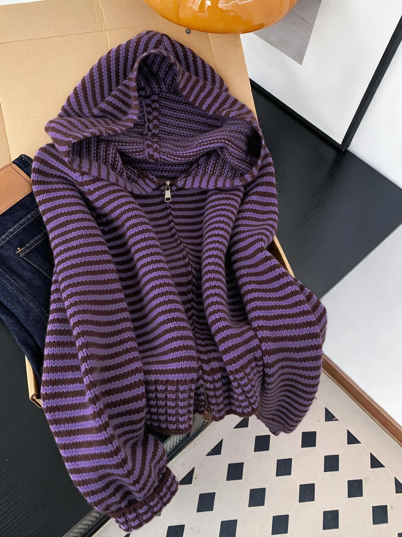Women's Striped Hooded Zipper Long Sleeve Knit Sweater, Fall Winter Casual Commuter Pullover, Back-To-School Top, Street Style