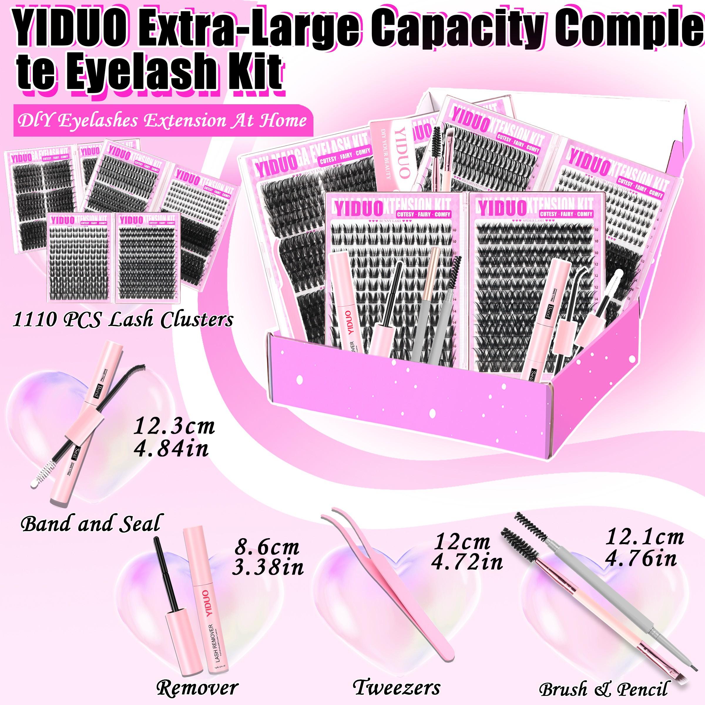 YIDUO 1110pcs DIY Lash Extension Kit, Complete Eyelash Clusters Set with Bond & Seal, Remover, Tweezers & Eyelash Brush, 10-18mm D Curl Manga, Cat Eye and Wispy Volume Lashes (50D, 60D, 80D, 100D) for Home Salon, Includes Lash Tools