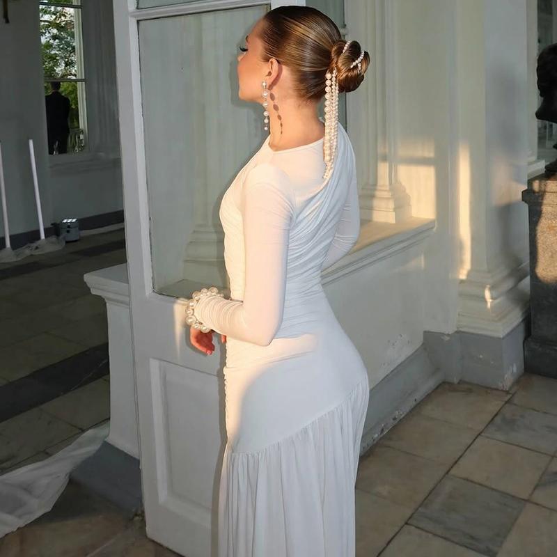 Women's Solid Ruched Round Neck Long Sleeve Pleated Dress, Elegant Plain Patchwork Plicated Slim-fitting Long Dress, Party Club Date Evening Gown Formal Dress, Ladies Spring Fall Winter Casual Dresses Clothes Wear, Formal Bodycon Dress