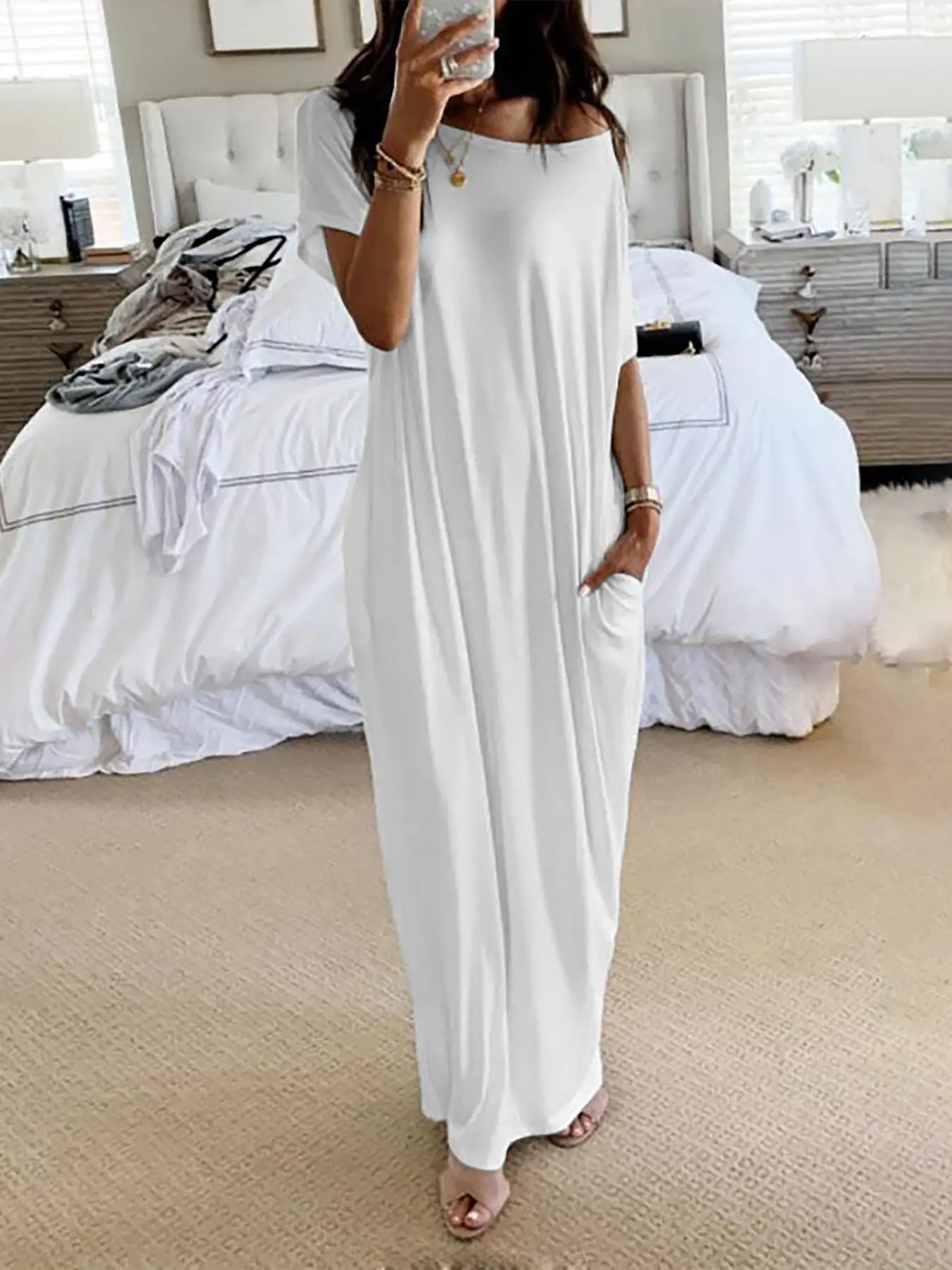 Women's Solid Batwing Sleeve Loose Nightgown, Casual Comfort Short Sleeve Sleepwear Loungewear, All-Season Ladies Pajamas, Daily Wear Home Dress