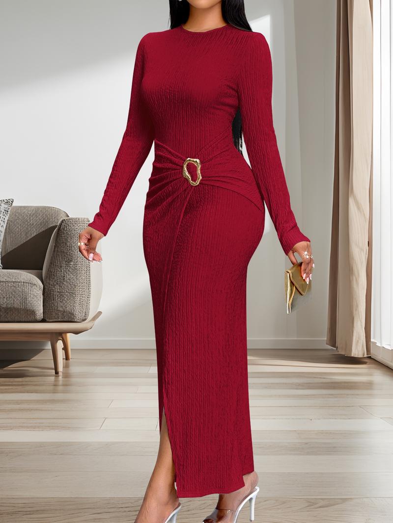 Aliling Women For Dresses Round Neck Long Sleeve Slim Fit Split Long Dresses Solid High Waist Bodycon Slim Female Elegant Party Clothing Casual