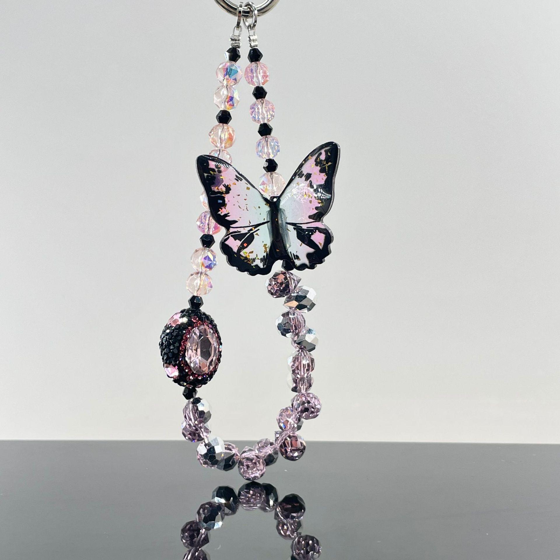 Butterfly Design Beaded Phone Chain, DIY Premium Smudge Bow Beaded Crystal Lanyard, Phone Wrist Lanyard, Earphone Case Key Camera Ornament, Charms