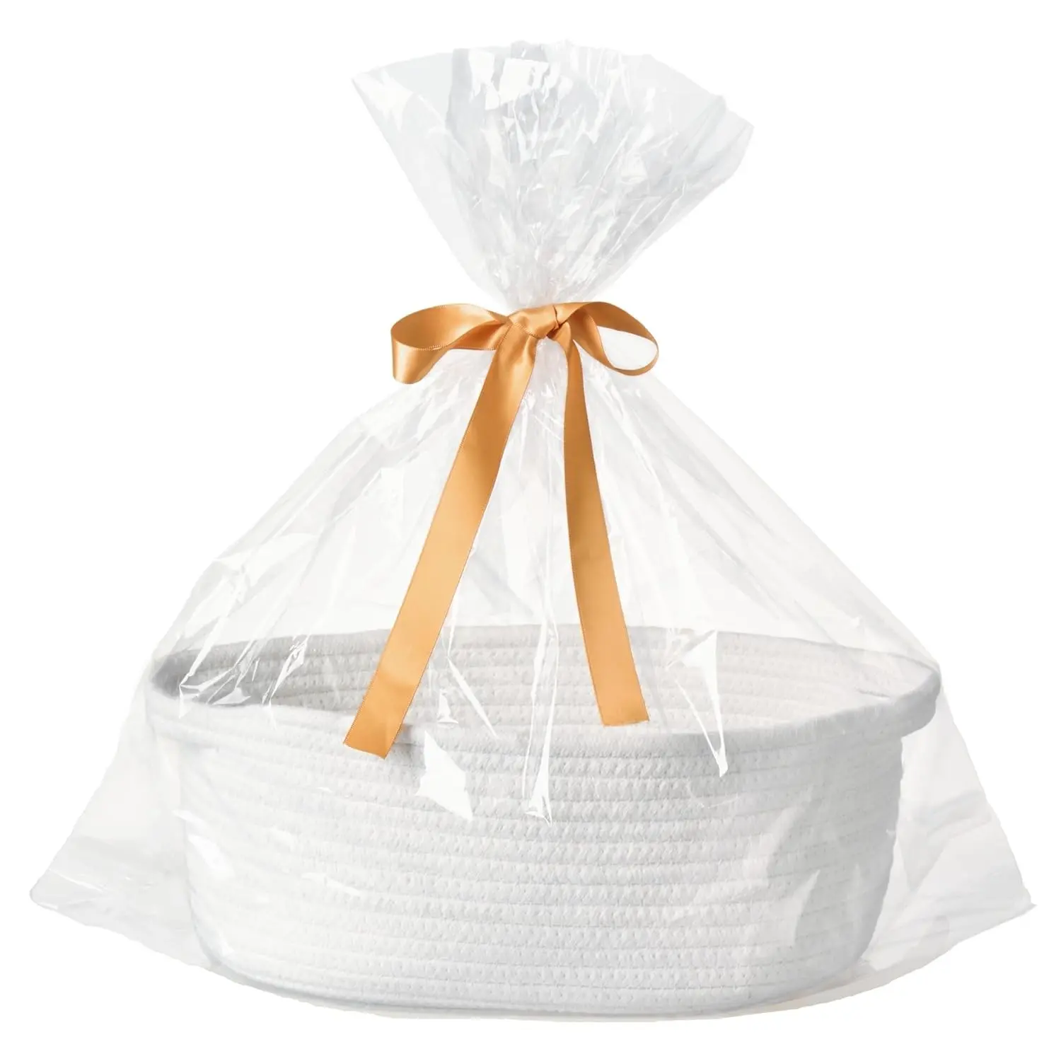 Small Woven Gift Basket with Bag & Ribbon, Storage Basket for Father's Day, Dad, Baby Shower, Raffle, Birthday, Cute Organizer with Handles, 12"x8"x5", White(Gift)