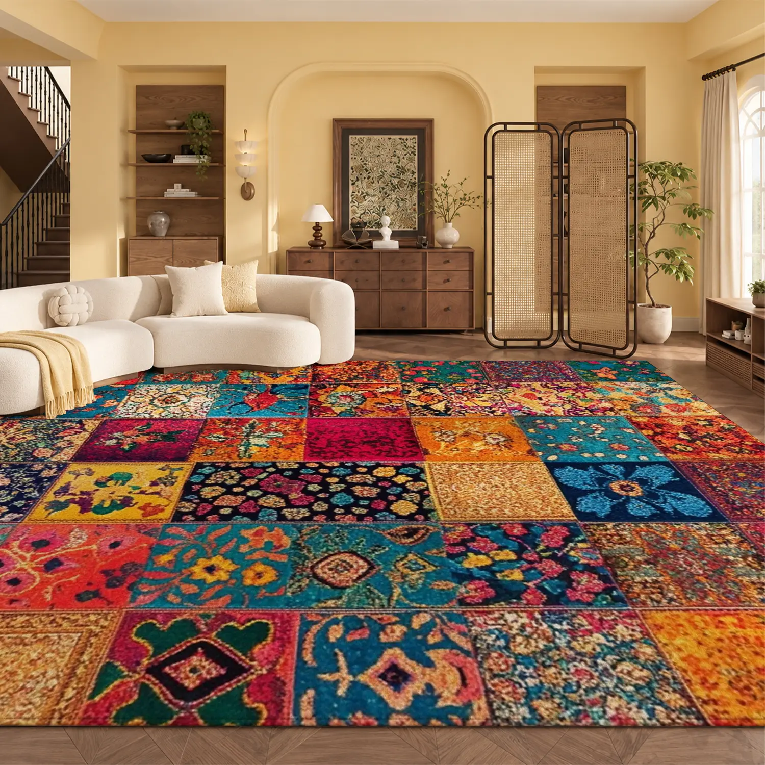 Large Indoor Area Rug, Soft Velvet Low Pile Rug with Non-slip Dotted Backing, Machine Washable Eclectic Patchwork Bohemian Rug, Vibrant Multicolor Floor Rug for Living Room, Bedroom, Entryway