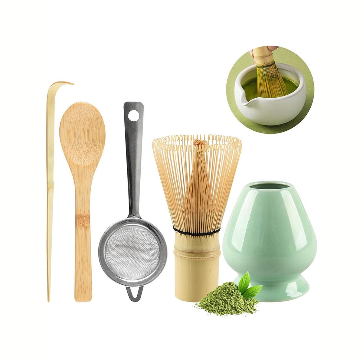 Matcha Tea Making Tool Set, 1 Box Matcha Bowl Spout & Bamboo Whisk & Tea Strainer & Spoon & Sifter & Whisk Holder, Tea Making Tools for Home Kitchen