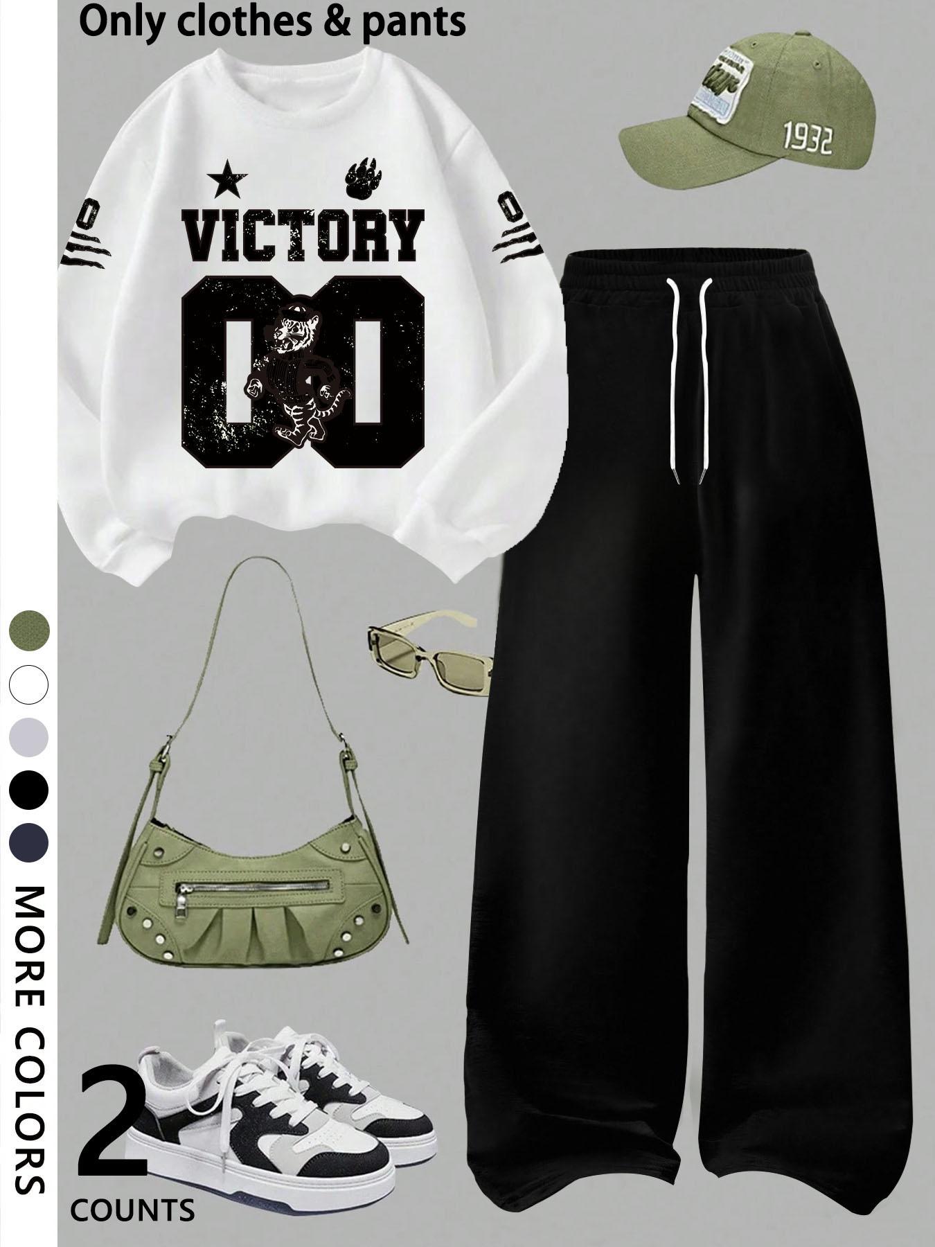 Girls' casual cool Graphic pattern print round neck pullover sweatshirt top and loose casual wide-leg pants, military green fashion dress, suitable for daily and going out Girls' casual cool Graphic pattern print round neck pullover sweatshirt top and loose casual wide-leg pants, military green fashion dress, suitable for daily and going out