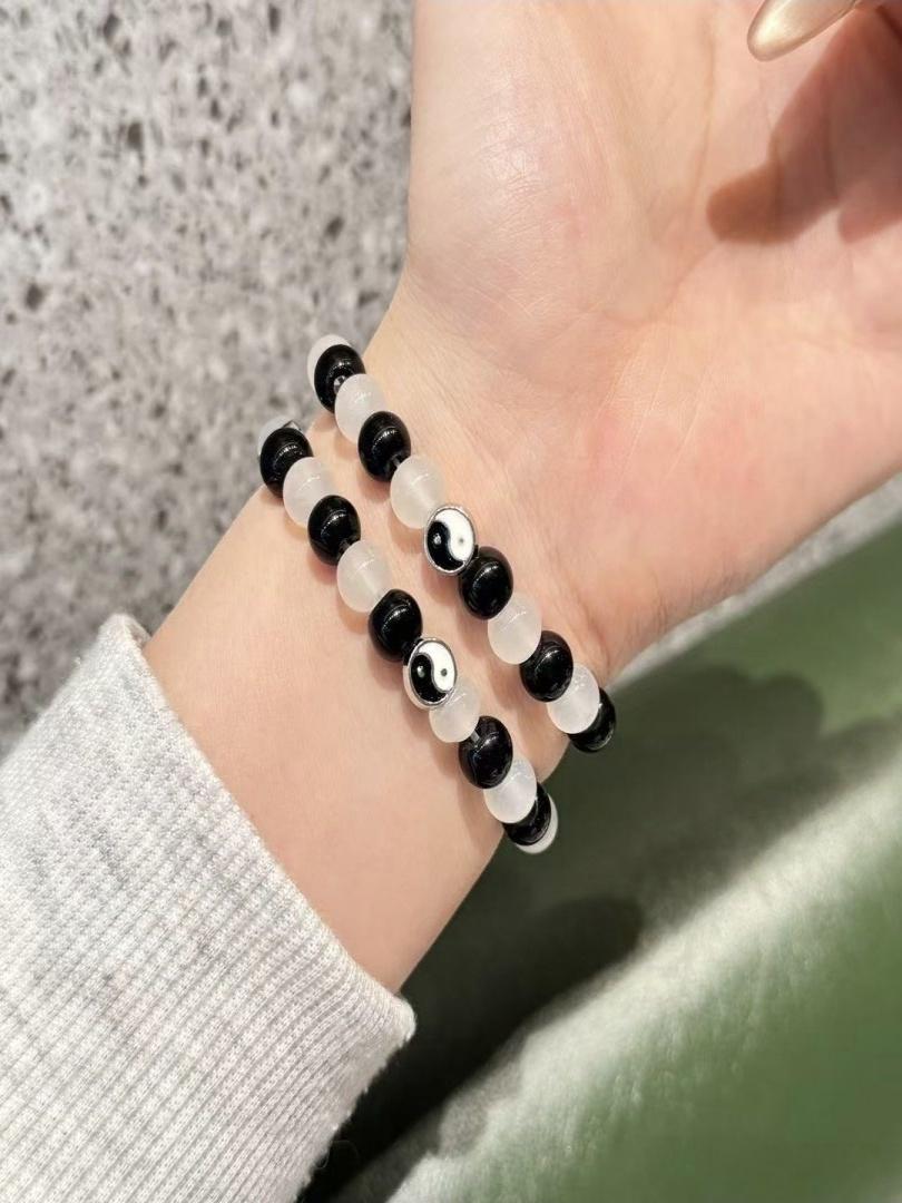 1/2pcs, Couple's glass bracelet with high-end temperament, Chinese style yin-yang eight trigrams billiards, black eight dice design, giving gifts to lovers, girlfriends, classmates for daily wear, birthday gifts