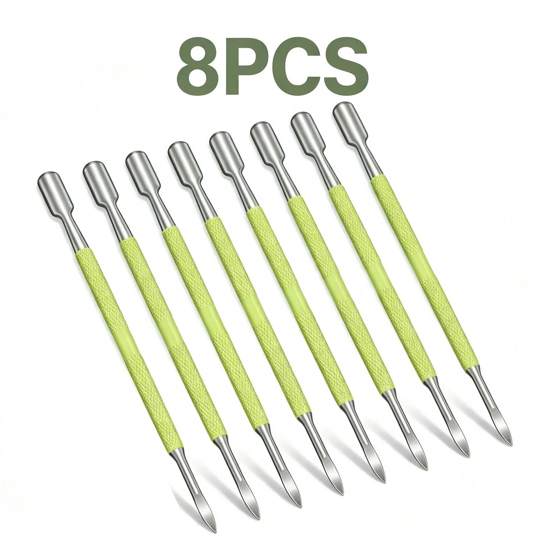 8 pcs， Nail Cuticle Pusher Stainless Steel Nail Polish Cuticle Remover Double Ended Manicure Nail Pedicure Tool Metal Cuticle Peeler Scraper for Fingernails and Toenails (Green)
