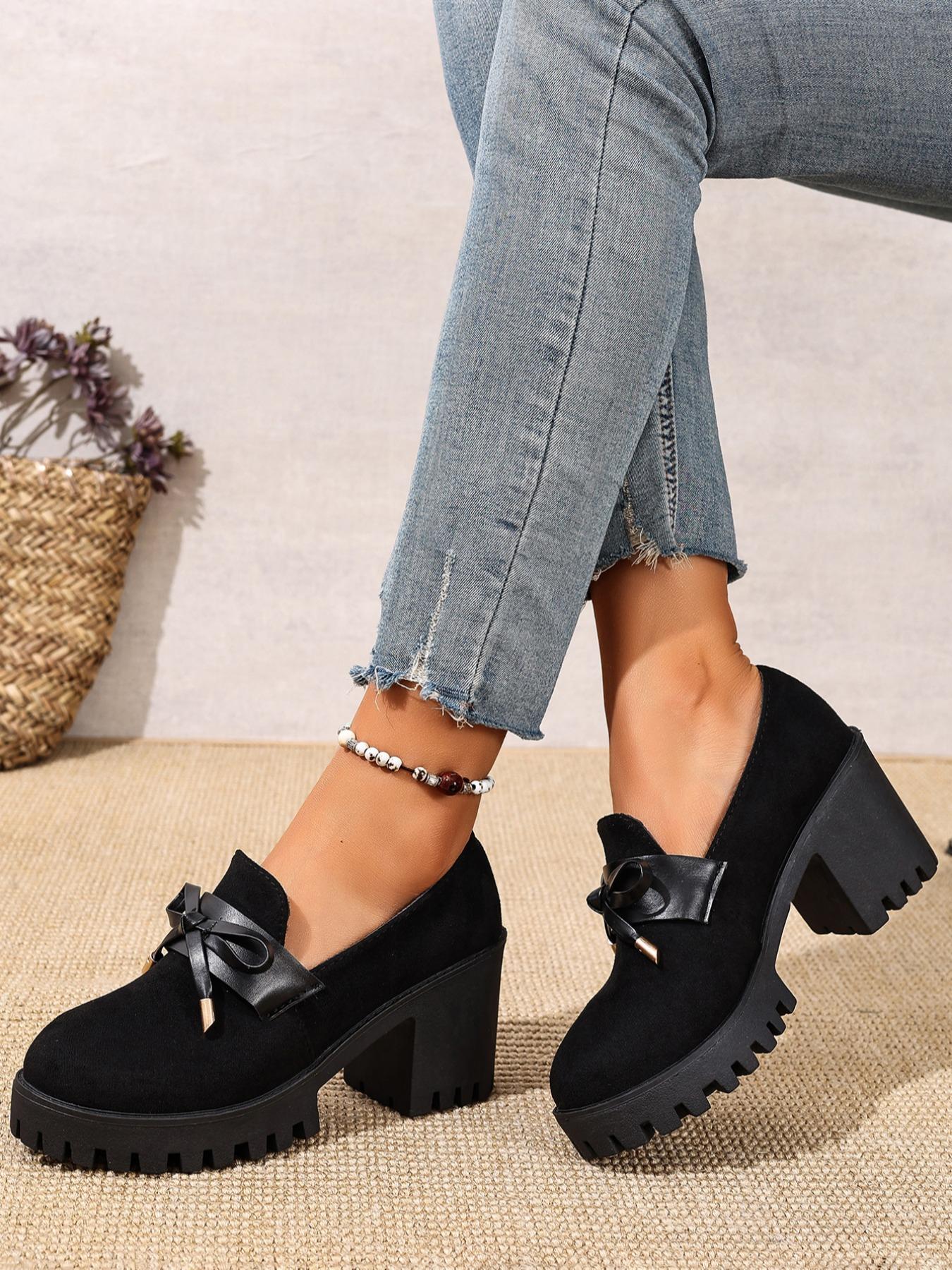 Women's Fashion Bow Design Slip-On Platform Loafers, Casual Fall Winter Shoes, Comfortable Round Toe Daily Wear, Thick Sole Leather Boots