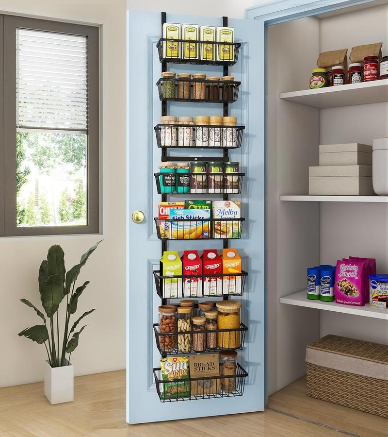 16 Inch Wide Narrow Over The Door Pantry Organizer, Pantry Organization and Storage, Black 8-Tier Metal Hanging Deep Basket Wall Spice Rack Seasoning Shelves, Home & Kitchen Essentials A