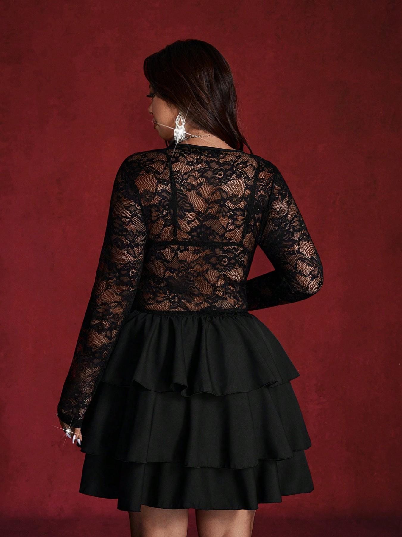 Plus Size Lace Evening Gown, Deep V-Neck Sheer Long Sleeve Chic Formal Dress, Tiered Ruffle Cinched Waist, Sexy Party Dress for Special Occasions #GLOBAL PICKS