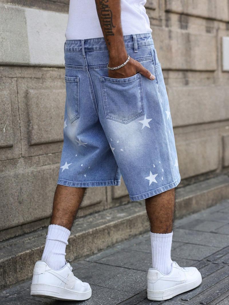 Unisex Star Print Denim Shorts | American High Street Baggy Washed Jorts | Viral TikTok Pick for Street Style, Skate Outings, Y2K Fits, Daily Commute, Music Festivals, Gradient Wash + Star Print + Wide-Leg Fit, TikTok Viral Apparel, Denim Jorts, High Stre