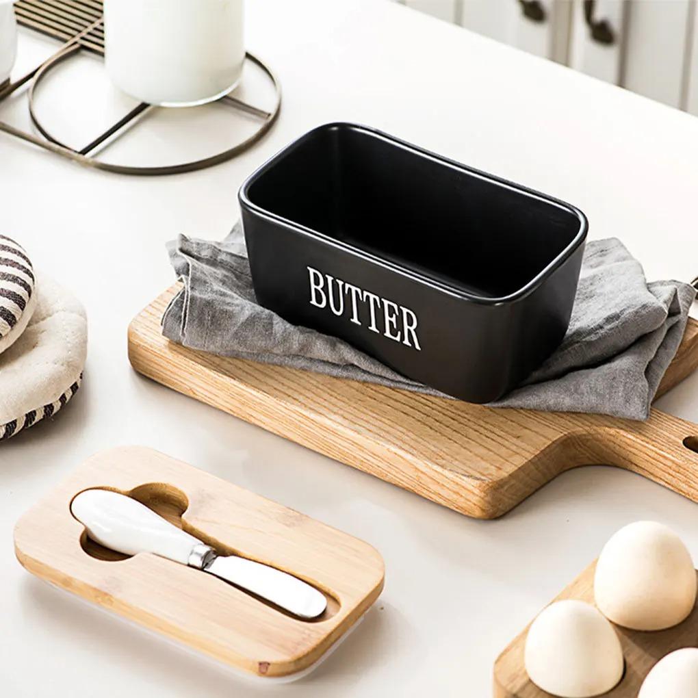Ceramic Butter Dish with Knife, Rectangular Cheese Container with Wooden Lid, Ceramic Butter Box for Kitchen Use