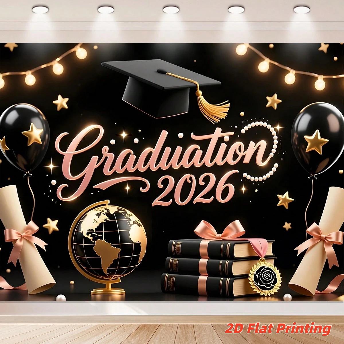 2D Flat Class of 2026 Graduation Decoration Set 1 piece banner + 3 piece door curtain set Polyester material Pink gold bachelor's hat balloon graduation banner 2026 graduation ceremony party photo hanging cloth Campus graduation season atmosphere decorati