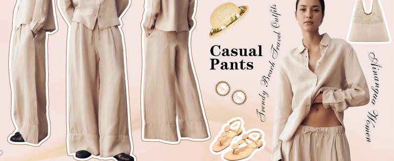 Hixiaohe Women Casual Elasticated Drawstring Waist Linen Palazzo Pants  Trendy Beach Travel Outfits Wide Leg Trousers TikTokShopBlackFriday