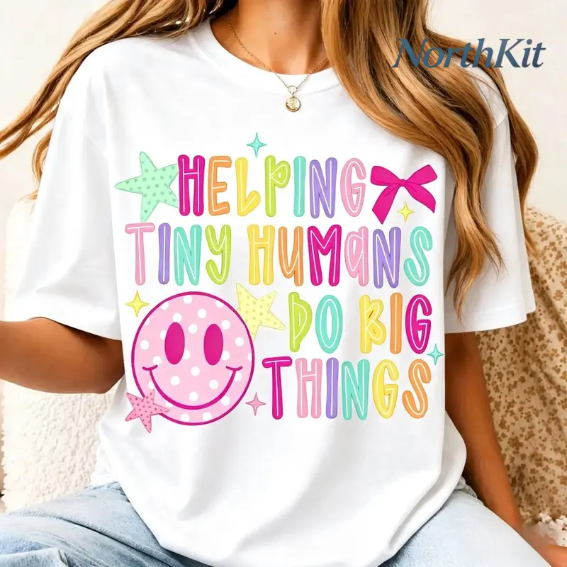 Teacher Shirt, Helping Tiny Humans Do Big Things Graphic Tee, Neon Crayon Smiley Back to School T-Shirt