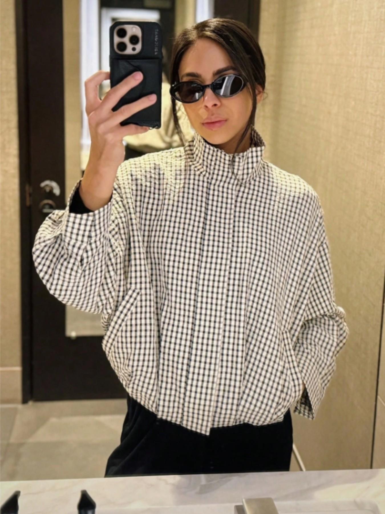 Women's Plaid Cropped Oversized Casual Long Sleeve Bomber Jacket, Streetwear, Loose Lightweight Outerwear for Spring and Autumn