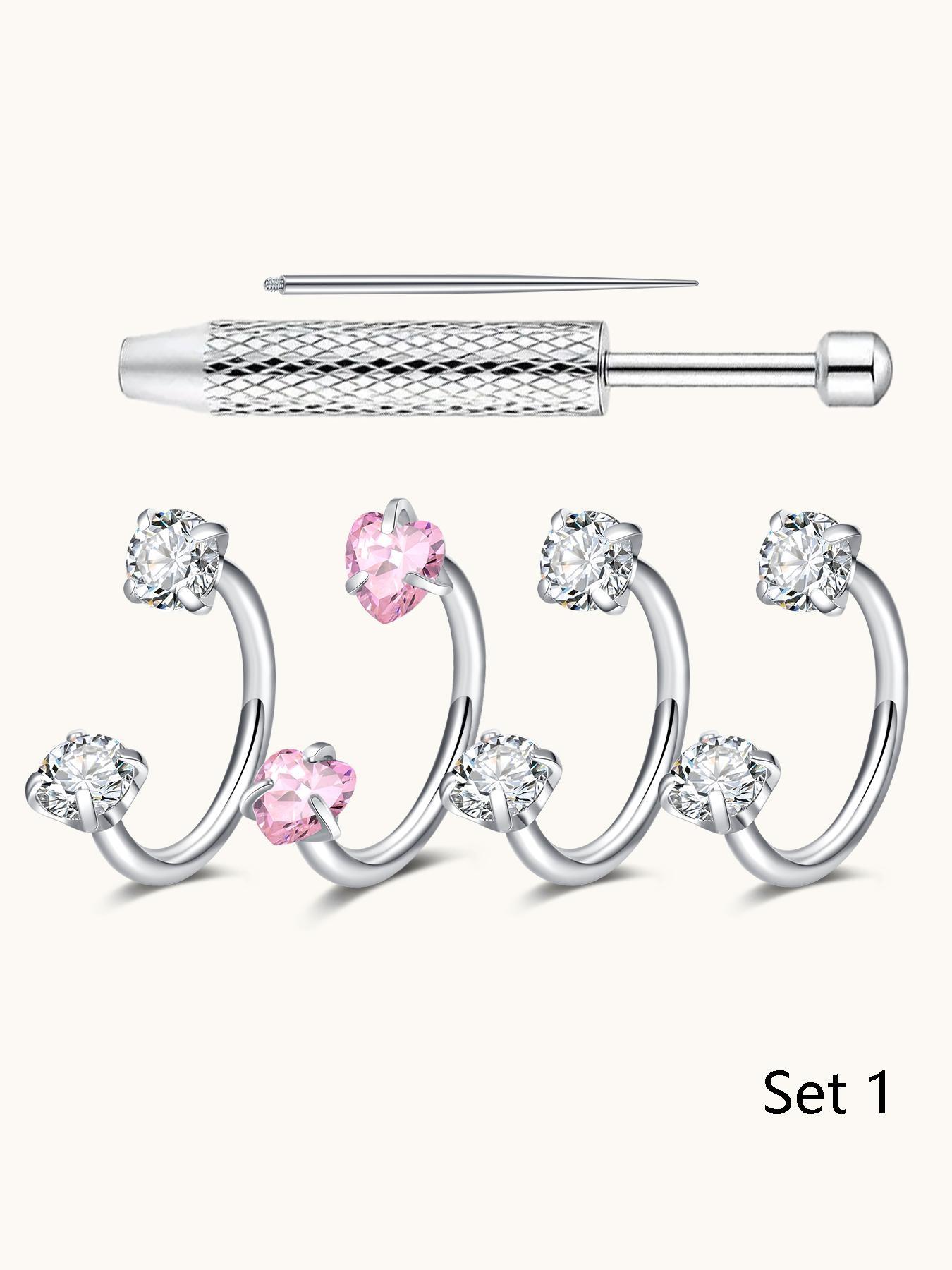 6pcs Heart Star Cz Horseshoe Nose Rings, Internal Threaded Stainless Steel 18gauge 8mm Hoops, Ideal for Nose, Cartilage, Tragus, Helix & Lip Piercings, Nose Piercing Jewelry, Body Jewellery