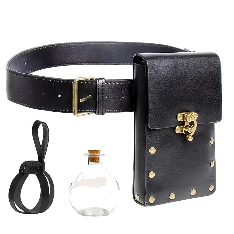 3pcs Medieval Viking Role Play Set, Vintage Belt + Buckle Phone Waist Bag + Witch Potion Bottle, Halloween Costume Accessories