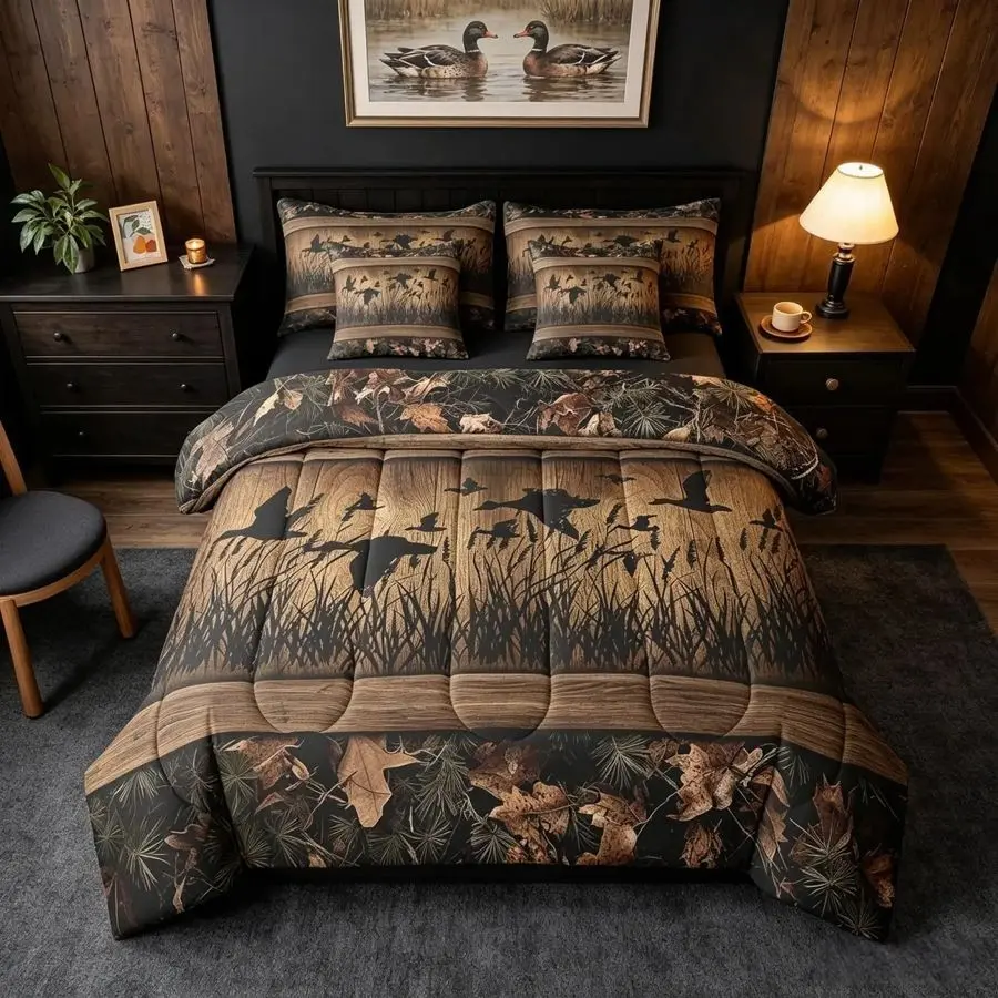 Three-Piece American Rustic Reindeer Wood Grain Quilt Set, Soft Breathable Cotton Bedding, Multiple Sizes and Colors Available