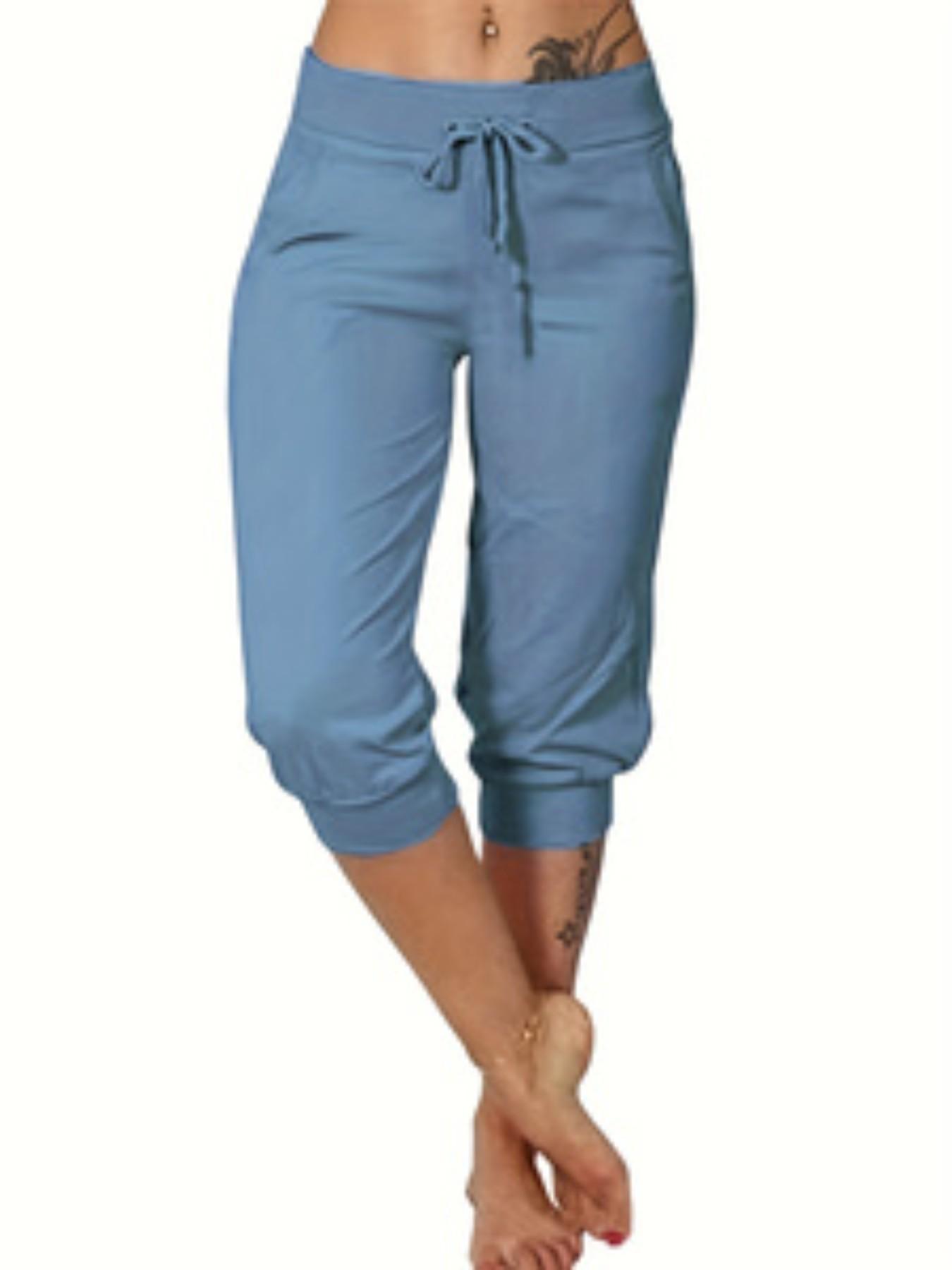 Plus Size Solid Color Minimalist Capri Pants, Casual Chic Comfy Fit Capri Trousers for Daily Wear, Women's Bottoms for Summer Plus Size Solid Color Minimalist Capri Pants, Casual Chic Comfy Fit Capri Trousers for Daily Wear, Women's Bottoms for Summer