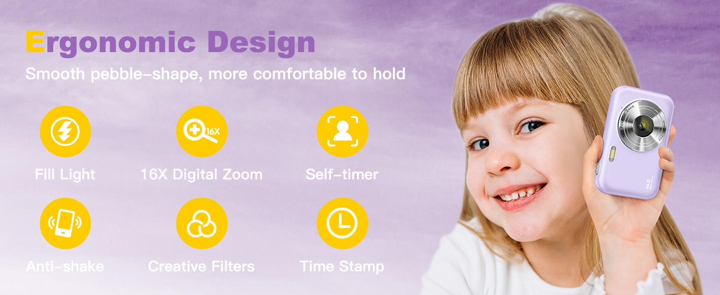 CAMKORY Kids Digital Camera (Violet Purple) - 44MP High Definition Electronic Portable Kids Video Camera, FHD 1080P Compact Rechargeable Point & Shoot, 16X Zoom, Anti-Shake, 32GB Micro SD Card, Lanyard, USB Type-C, Electronic Portable Camera