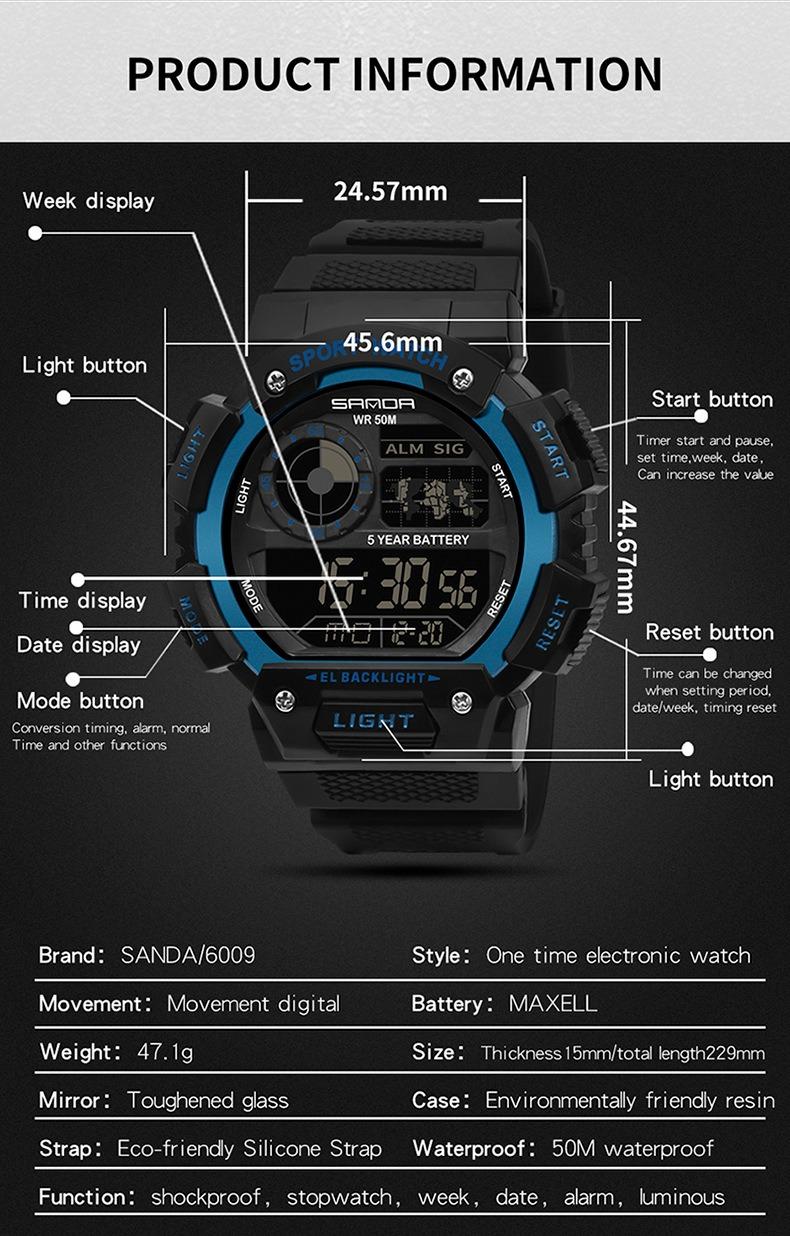 Sanda Fashion Waterproof Digital Watch for Youth, Dual Time, Stopwatch, Alarm, Luminous, Week Date, 12/24h, Casual Style, All Seasons