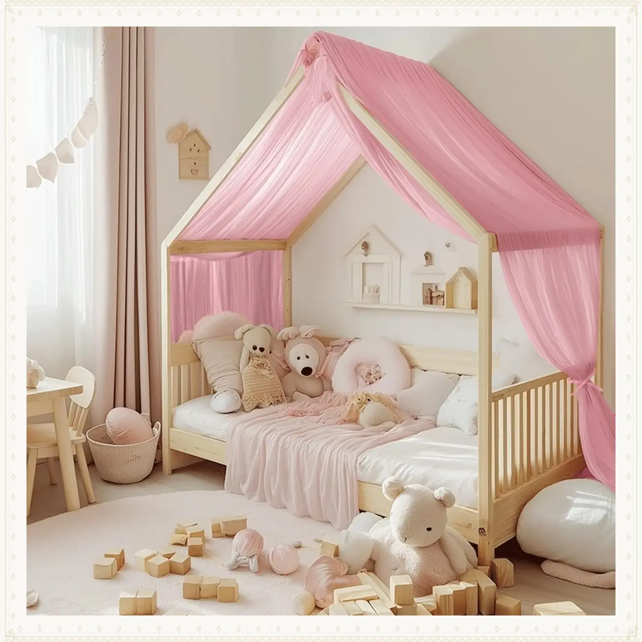 Pink Voile Sheer Toddler Bed Canopy Curtain Scarf Valance for Kids Room Bedroom, DIY Decorative Drapes, 1 Panel, W114 x L180Gift