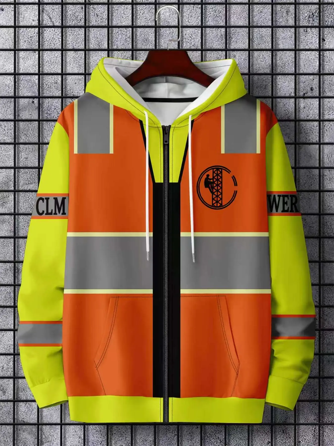 Men's Zipper Hooded Open Front Block Reflective Stripe Power Worker Print Workwear Casual Long Sleeve Jacket Construction Gear