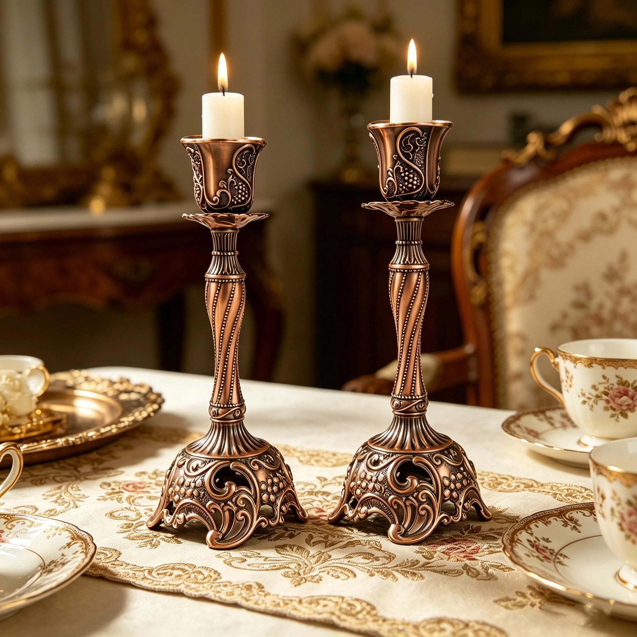 2 Piece vintage red bronze Candle Holders, 7.4 Inch European Vintage Metal, Sunfiower Pattern, Ideal for Shabbat, Wedding, Christmas,Halloween, Elegant Home Decor