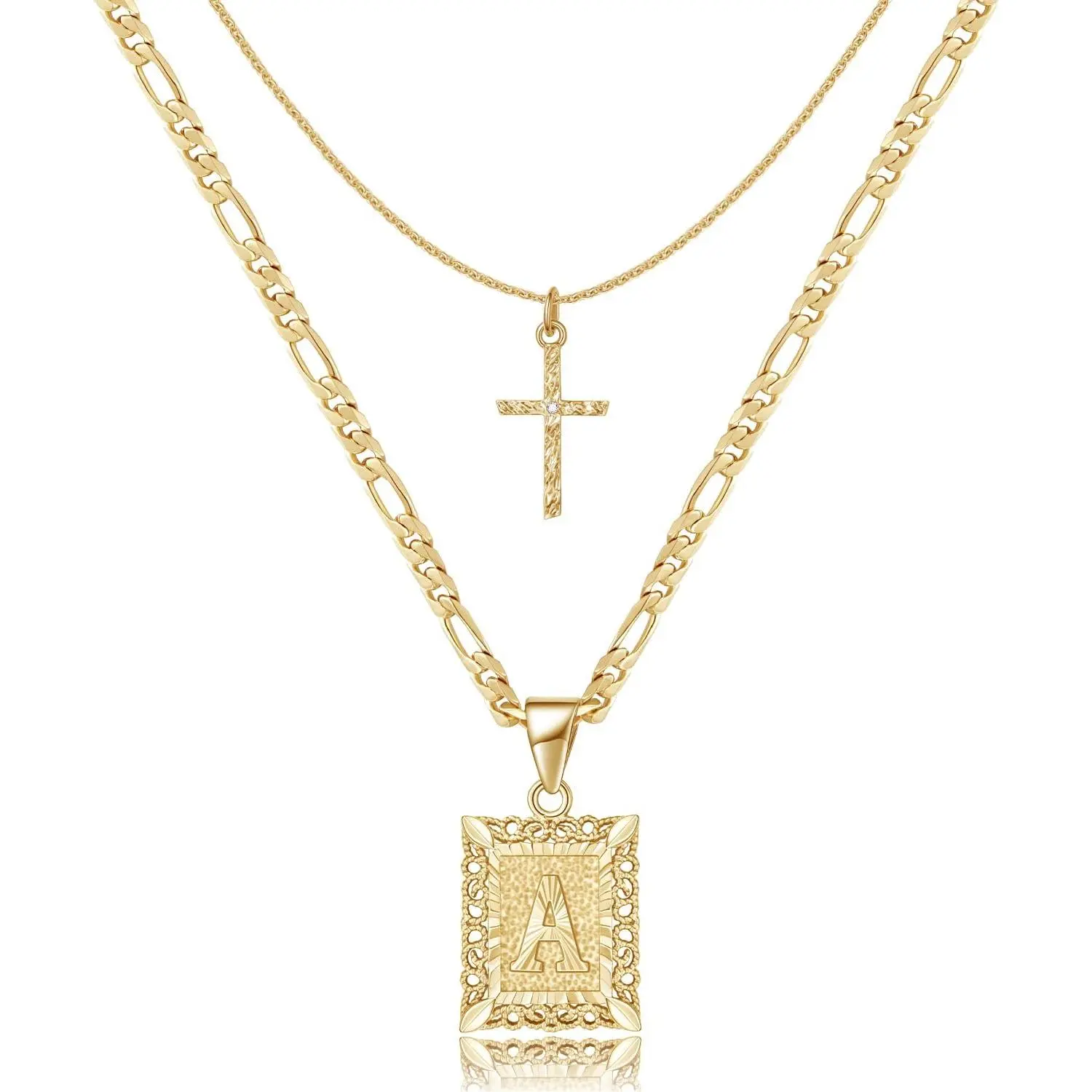 Gold Layered Initial Cross Necklace, 14K Gold Plated Layering Square Letter Pendant Figaro Chain Cross Choker from A-Z Capital Jewelry for Women Girls