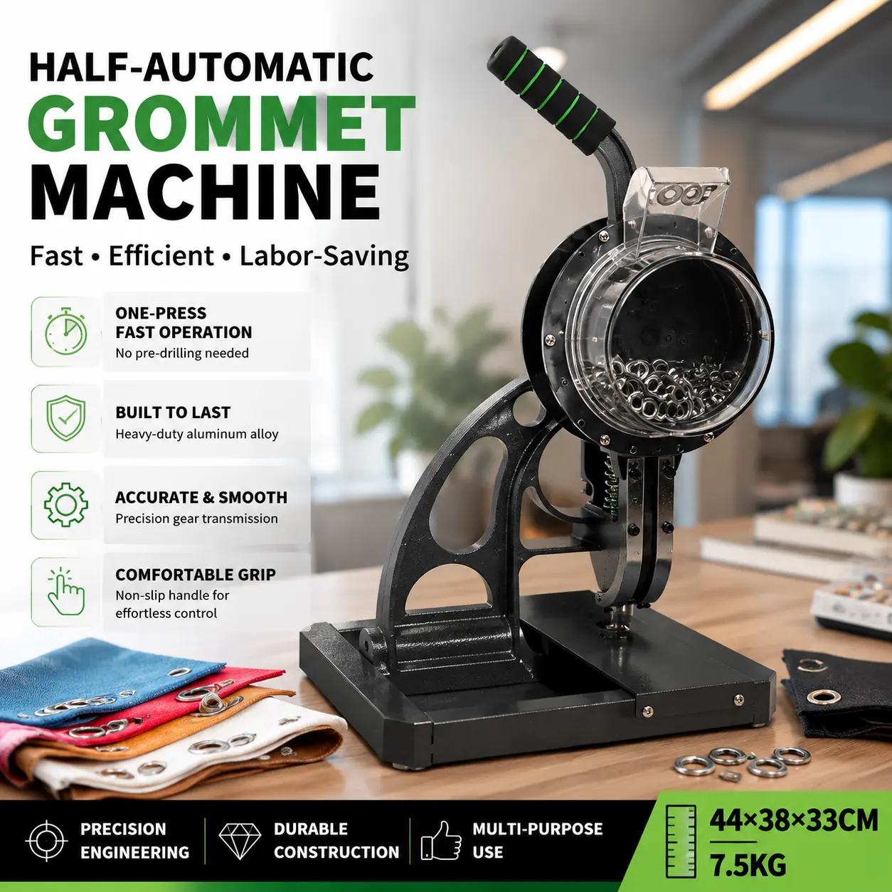 Semi-Automatic Grommet Press Machine with 5000 Eyelets - Heavy Duty Manual Snap Button Tool, Alloy Body & Gear Drive for Fabric/Leather