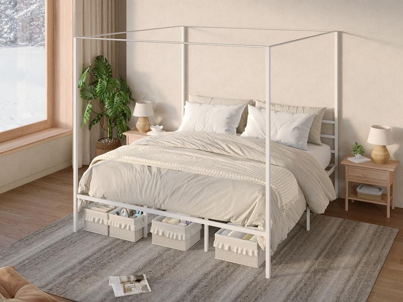 YITAHOME Canopy Bed Frame Metal Four Posters 14 Inch Platform with Built-in Headboard Strong Metal Slat Mattress Support, No Box Spring Needed
