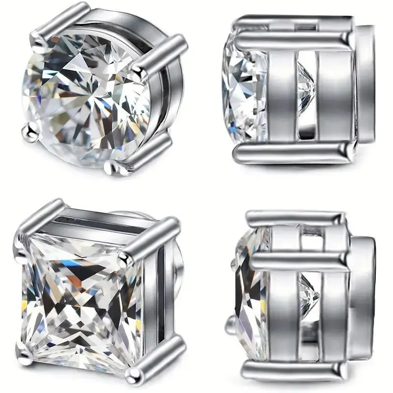 4Pcs Minimalist Shiny Cubic Zirconia Stud Earrings Set Unisex Silvery Ear Cuffs Magnetic Design Geometry No Piercing Needed Earrings Casual All-Season Accessory for Daily Wear Couple Jewelry Holiday Gift