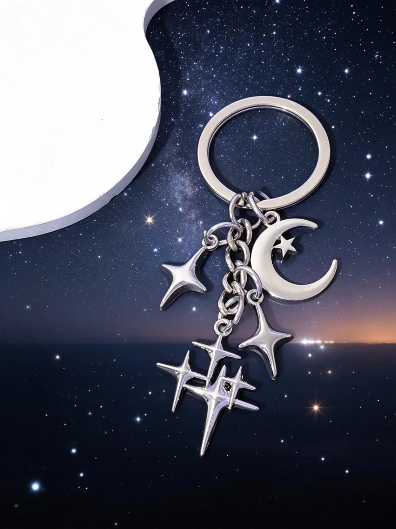 Cross-Border DIY Creative Hollow Four-Point Star Moon Pendant Keychain, Bag Decoration Hanging Item, Gift, Unique Accessory