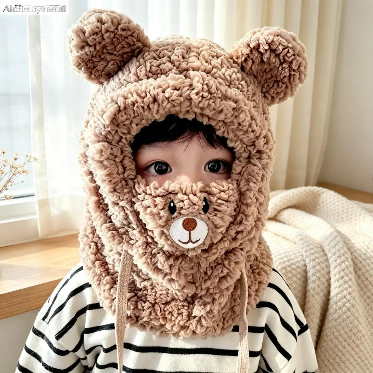 Unisex 3-in-1 Anime Bear Thermal Fleece Beanie-Hat-Scarf-Mask Multi-Use Set, Double-Layered 100% Polyester Ear Warmer, Elastic Drawcord Closure, Lightweight Hand-Washable Luggage Bag Accessory for Autumn Winter Daily Wear