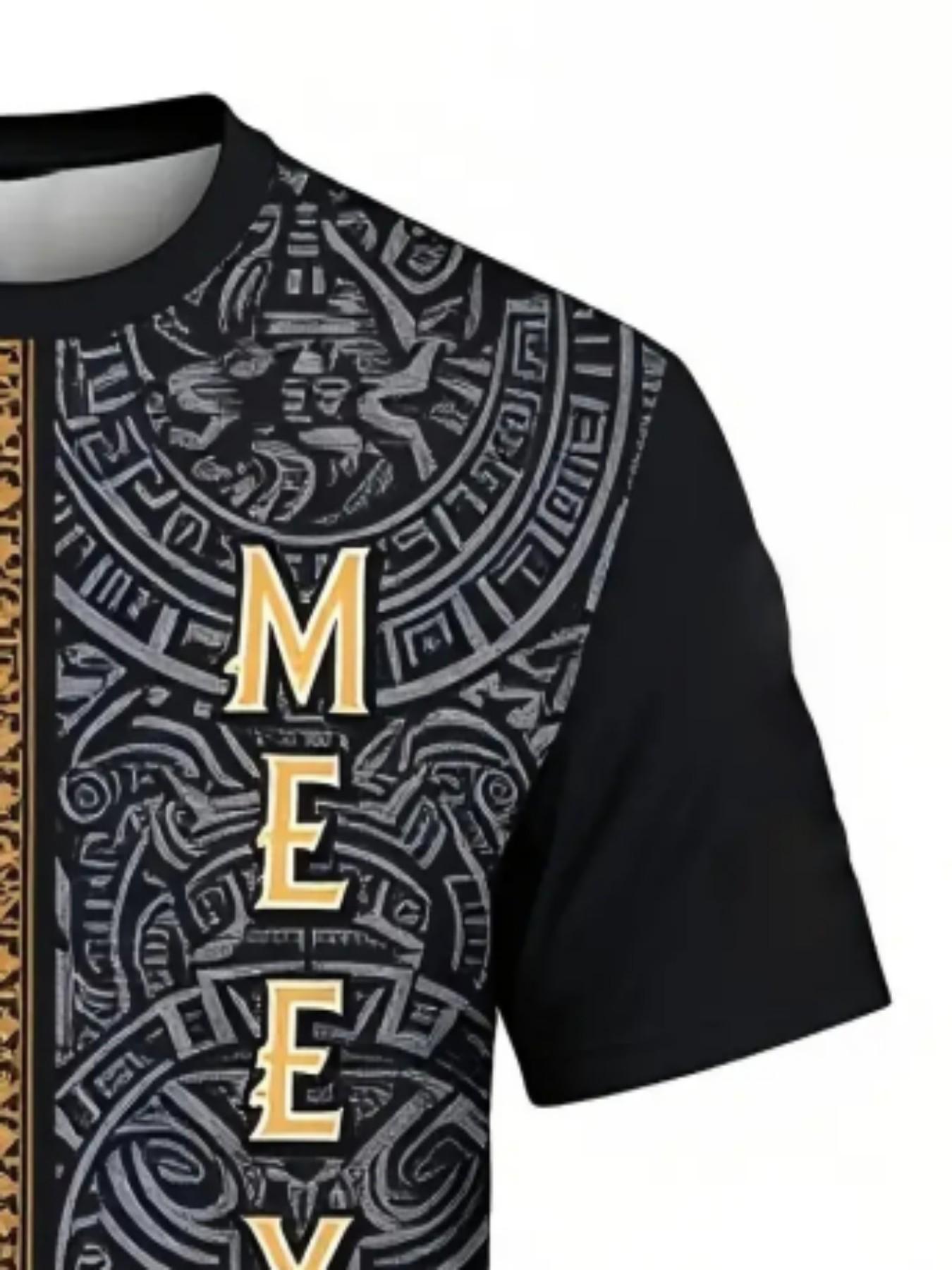 Men's Mexican Eagle Snake Aztec Sport T-Shirt, Street Style Round Neck Short Sleeve Top, Loose-Fit Geometric Pattern, All Seasons