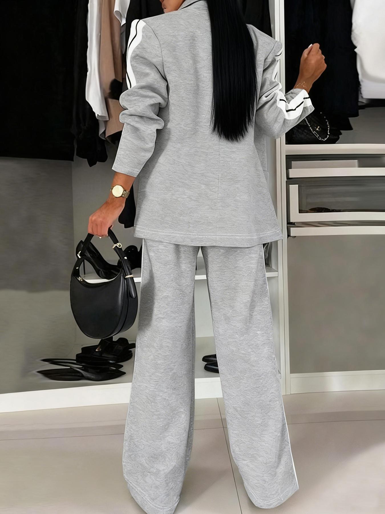 Women's Striped Print Blazer Jacket & Wide Leg Pants Set, Casual Fitted Suit for All Seasons, Stylish Ladies' Clothing Ensemble, Matching Suits